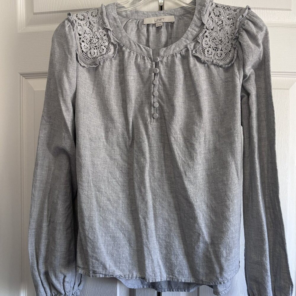 LOFT Gray Lace Shoulder Blouse Size M Long Sleeve